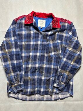 Tricia Fix plaid and bandana flannel button up shirt size medium